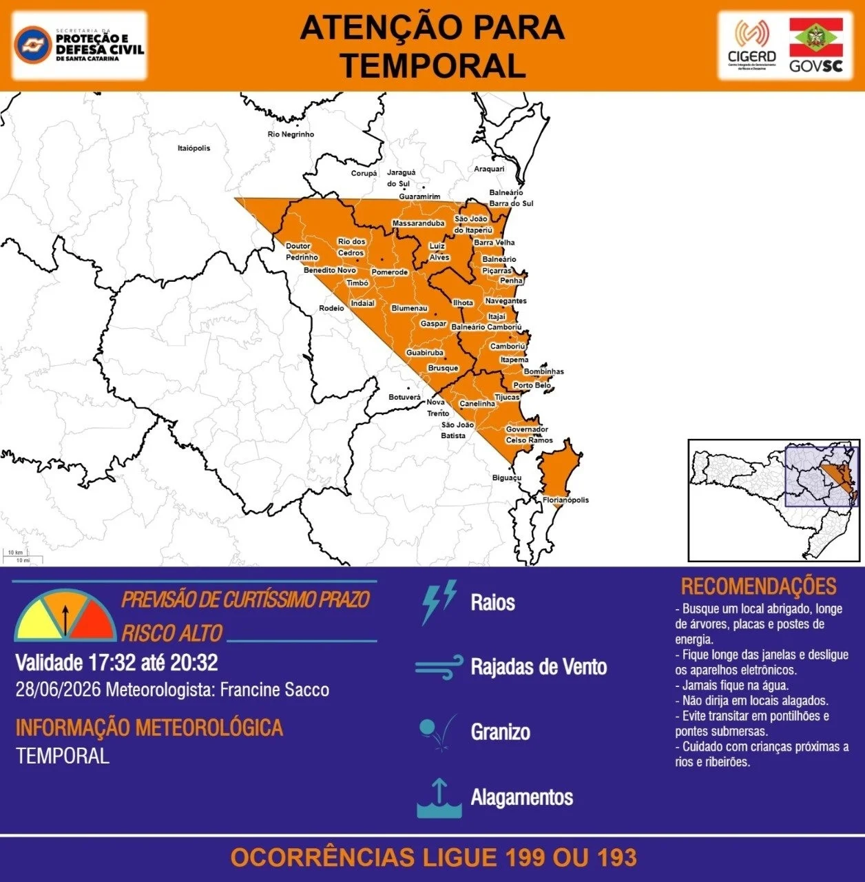 Foto: Informativo Meteorológico divulgado pela Defesa Civil de Santa Catarina.