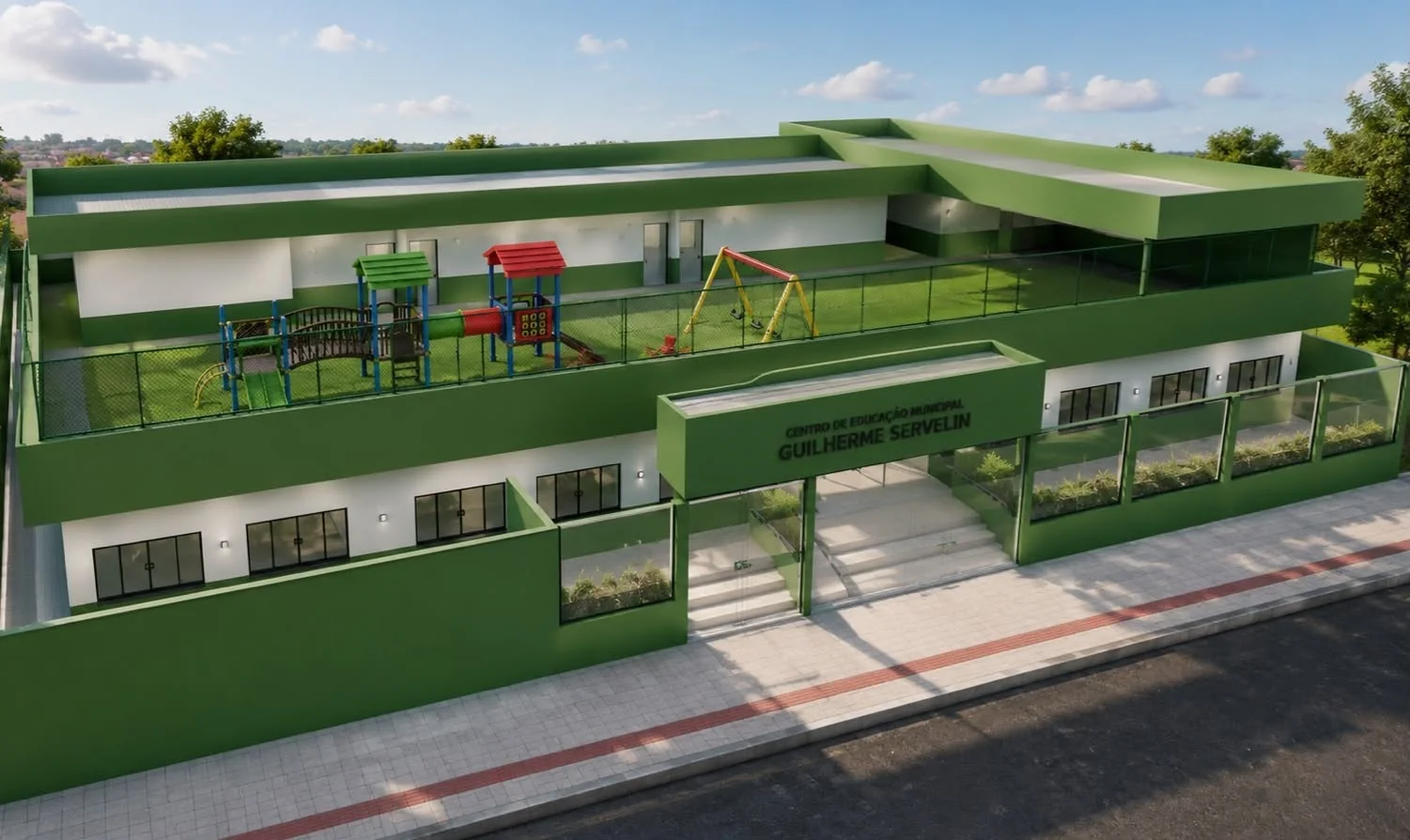 Foto: Projeto em 3D mostra como deverá ficar a futura EBM Guilherme Augusto Servelin após a reforma. A nova identidade será instalada com a conclusão das obras, eternizando na educação de Camboriú o legado de Guilherme. (Divulgação)