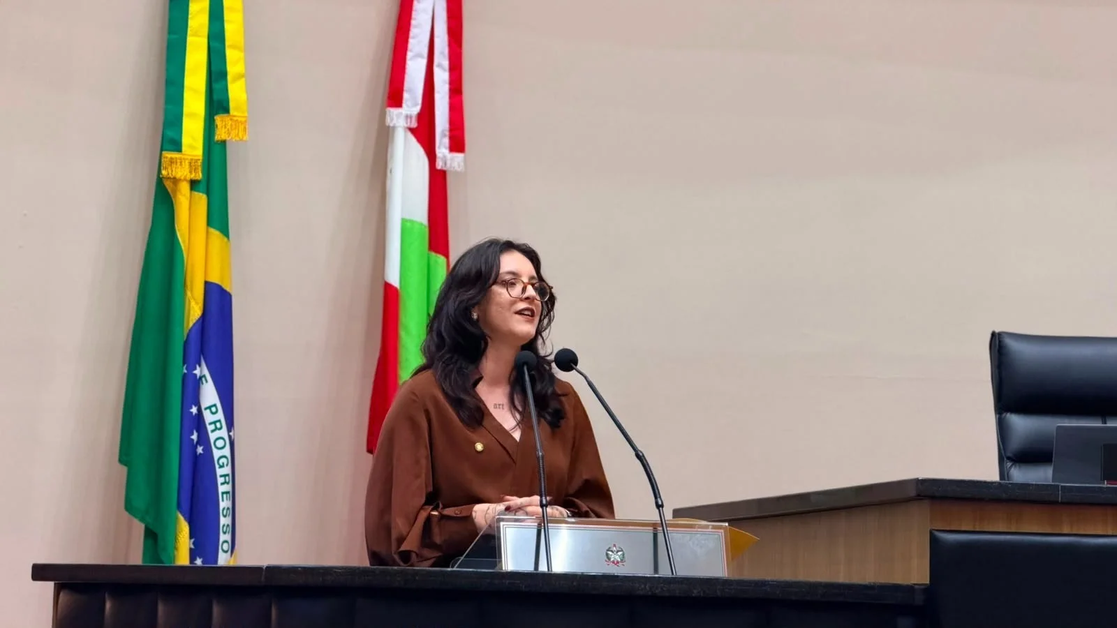 Foto: Deputada Carolline Sardá na sessão de quarta-feira (Divulgação/Fran de Campos)