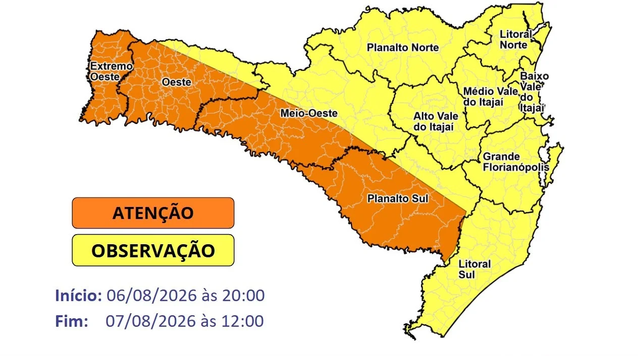 Foto: Aviso meteorológico emitido pela Defesa Civil de Santa Catarina