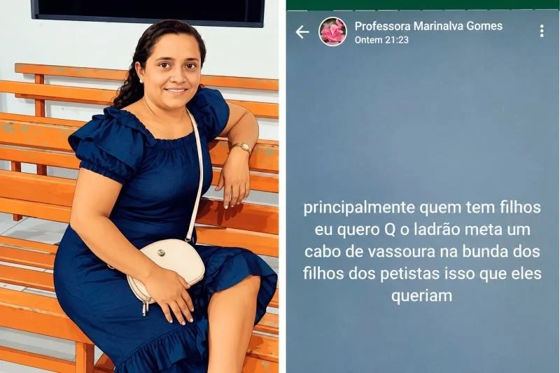 Foto: Imagem da professora e publicação feita nas redes sociais atribuidas a ela (Reprodução)