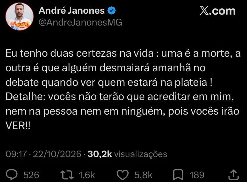 Foto: Janones diz no seu perfil pessoal do X que presença na plateia pode causar surpresa no debate da Globo (Reprodução)